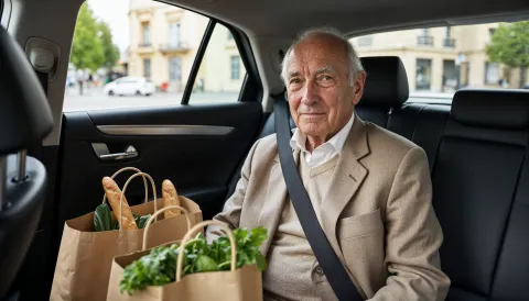 Mann mit Einkaufstüten im Taxi