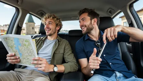 Zwei Männer auf City-Tour im Taxi